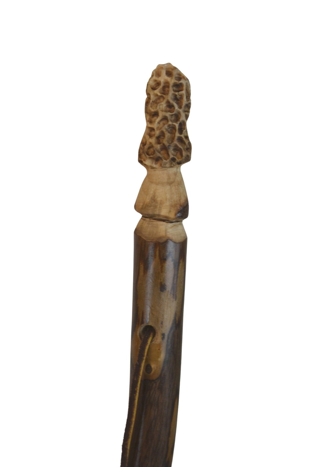 Morel Mushroom Carving in dark wood, Walking Stick Functional Art