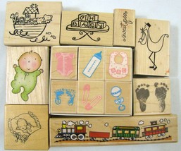 14 Welcome New Baby Wood Mounted Stamp Lot Infant Train Noah Ark Hero Arts Stork - $17.77