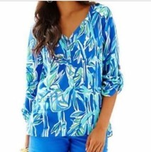 $158 LILLY PULITZER SZ XXS TYE TOP BLUE CRUSH BAMBOOM SILK BLOUSE WOMEN&#39;... - $44.54