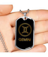 Gemini  Zodiac Necklace Stainless Steel or 18k Gold Dog Tag 24&quot; Chain - $37.95+