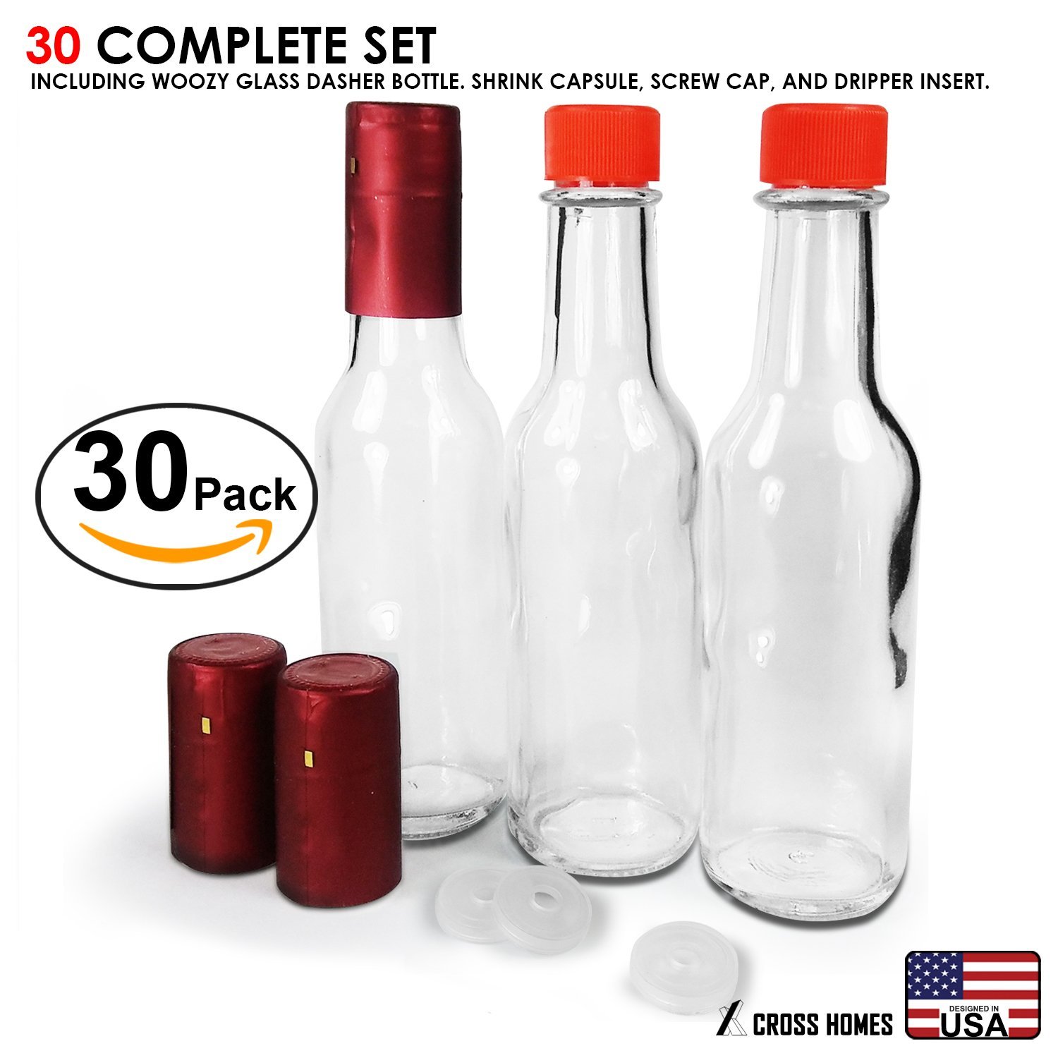 5 oz, Glass Woozy Hot Sauce Bottles - Case of 24 with Screw Caps, Inserts &  Shrink Capsules