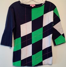 Lilly Pulitzer XS Green Blue White Argyle V-Neck Pullover 3/4 Sleeve Swe... - $24.74