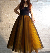 Women A Line Midi Tulle Skirt Outfit Black Yellow High Waist Full Pleated Outfit image 2