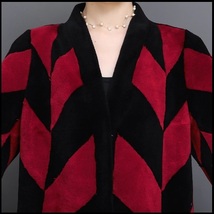Luxury Long Red And Black V Neck Chevron Design Lamb Shearling Sheepskin Coat image 6
