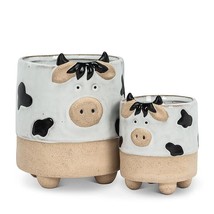 Cow Design Planter Pots Set of 2 with Legs Stoneware  5" and 3" high Cream Tan image 1