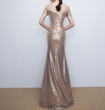 Women Gold Off Shoulder Short Sleeve Maxi Sequin Dress Plus Size Sequin Dresses image 7