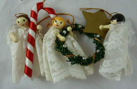 Vintage Wooden Angels with lace dresses & wings Christmas Ornaments Lot Of 3 - $14.84