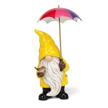 Gnome Statue Holding Umbrella White Beard 13.5" High Poly Resin Yellow Raincoat