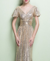 GOLD Maxi Sequin Dress Cap Sleeve High Waist Retro Style Plus Size Sequin Dress image 2