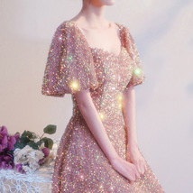 BLUSH PINK Maxi Sequin Dress GOWNS Vintage Sleeved High Waist Sequin Prom Dress image 3