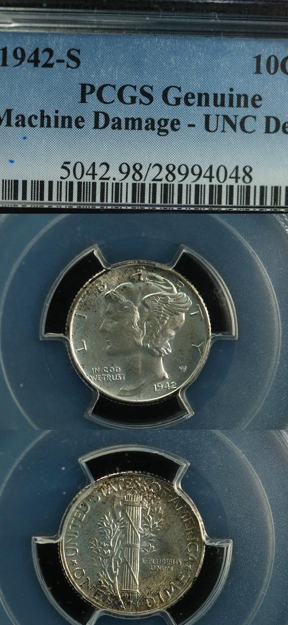 1942-S Mercury dime that has been graded Uncirculated Details,Machine Damage,  2 - $42.06