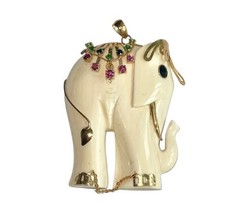 Large Vintage 2.5" Beige Elephant Pendant Rhinestone Gold Tone Estate Necklace image 2