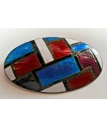 Vintage Signed Silver Red, Blue, White, Black Enamel Oval Brooch/Pendant - $54.45