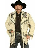 Mens Western Cowboy Beige Suede Leather Fringe Bones Beaded Jacket BEJ109 - $159.00