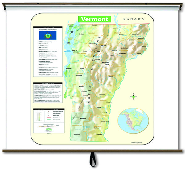 Vermont Large Scale Shaded Relief Wall Map On Roller With Backboard