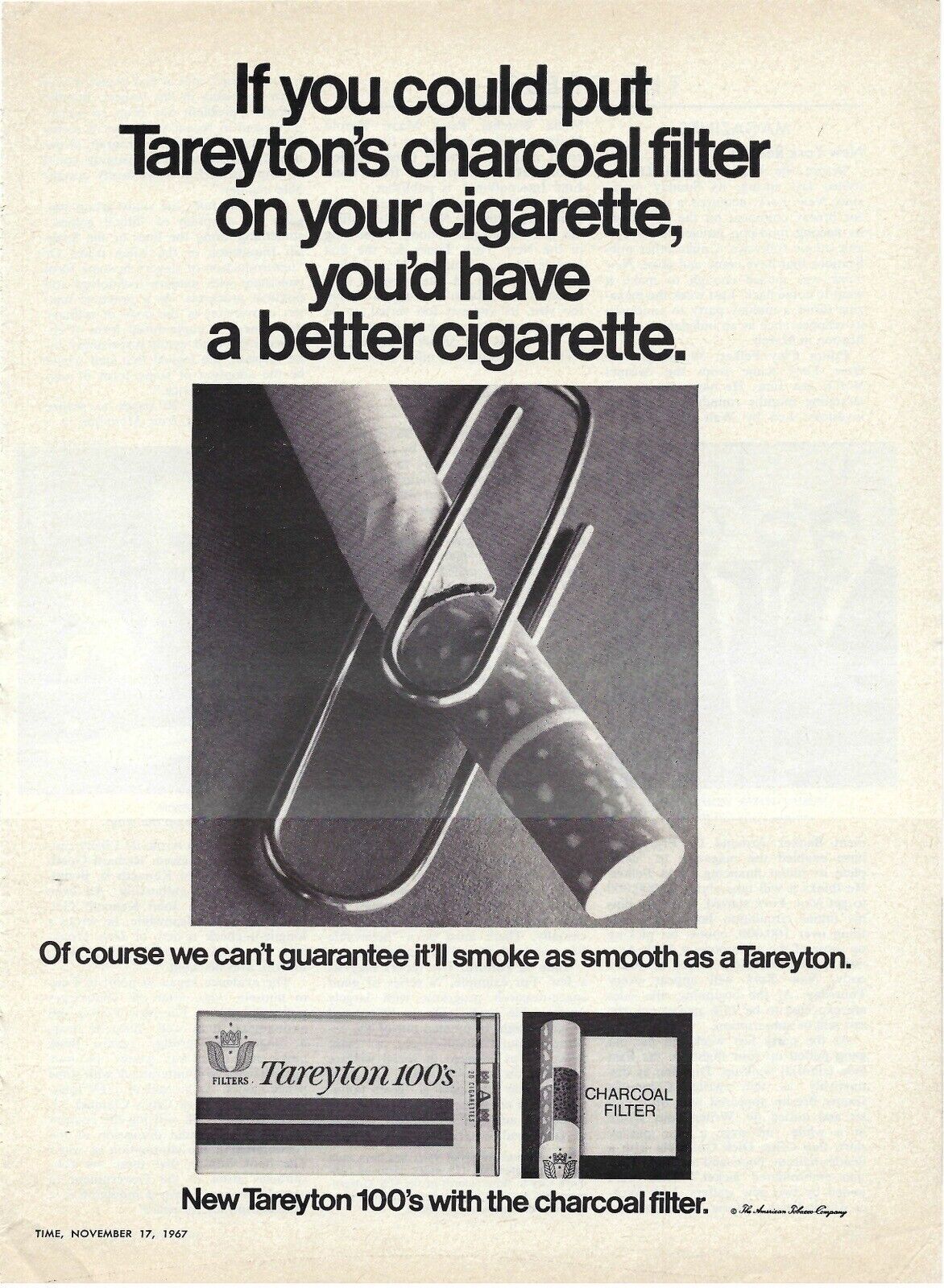 1967 Tareyton 100’s Charcoal Filter Cigarettes Vintage Magazine Print Ad/Poster Merchandise