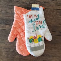 Kitchen Oven Mitts, set of 2, Orange Spring Flowers, Life is Meant to be... - $12.99