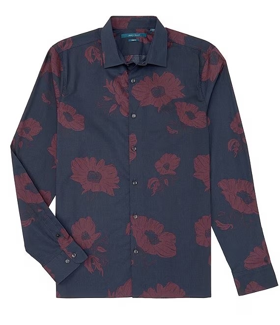 perry ellis india ink men's stretch large floral print woven shirt, us small
