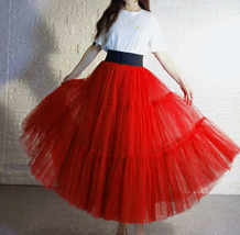 Red Tiered Tulle Skirt Full Long Red Party Skirt High Waisted Holiday Plus Size image 4