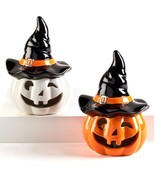 Halloween Pumpkin Statue Set of 2 LED Ceramic 7.65&quot; High Witches Lights Up - $39.59