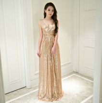 Sleeveless GOLD Sequin Dresses V Neck High Waist Sequin Maxi Dress Evening Gown 