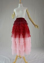 Tiered Long Tulle Skirt Red Pink High Waisted Layered Party Tulle Skirt Plus Siz