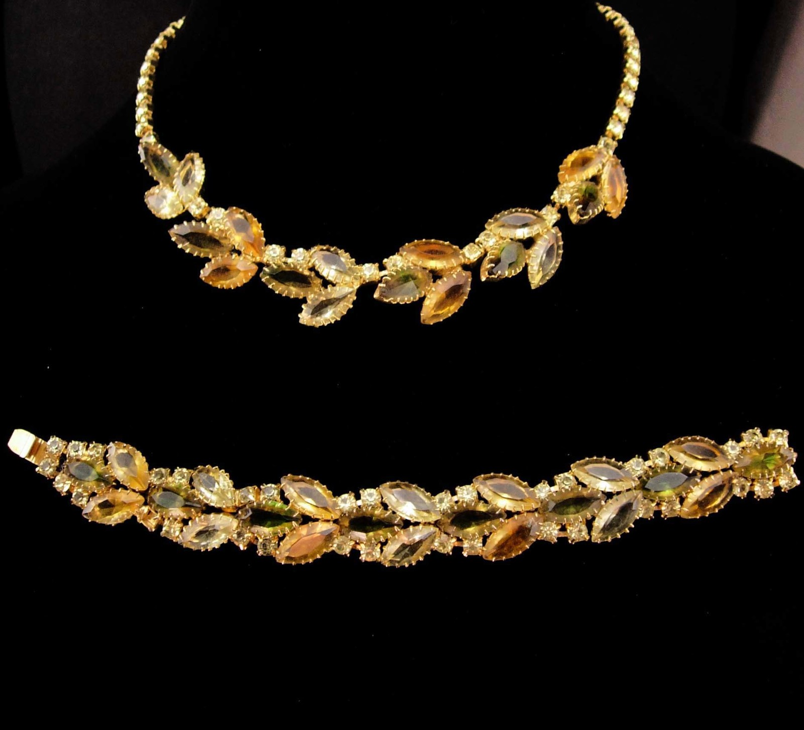 Primary image for Vintage juliana set 1950's Dramatic demi parure Yellow dogtooth bracelet Rhinest