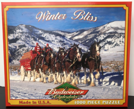 Budweiser Clydesdales Winter Bliss 1000 Pc Puzzle COMPLETE White Mountai... - $15.83
