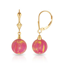 9 mm Ball Shaped Light Pink Fire Opal Leverback Dangle Earrings 14K Yellow Gold - $126.49