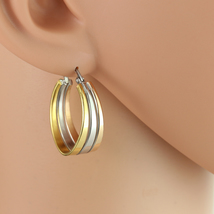 Oval Tricolor Silver, Gold & Rose Tone Hoop Earrings- United Elegance - $23.99