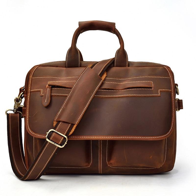 Men's Crazy horse leather briefcase with double PC pocket leather ...