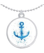 Watercolor Blue Anchor Round Pendant Necklace Beautiful Fashion Jewelry - $10.77