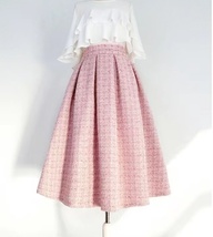 Women Winter PINK Tweed Skirt A-line Pleated Midi Holiday Skirt Outfit Plus Size