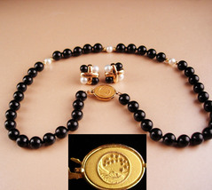 designer pearl necklace earrings - sterling pierced onyx pearls - man in... - $125.00