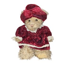 Russ Berrie Alexandra Brown Teddy Bear Plush Red Velvet Dress Hat Bow 12&quot; - $7.26
