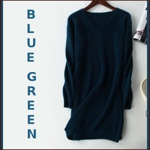 Ladies Soft Mink Cashmere Long Sleeve Blue Green V-Neck Mini Sweater Shirt Dress image 1