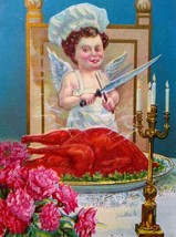 Thanksgiving Postcard Cherub Angel Baby Carves Turkey Candles Stecher 313 B - $14.25
