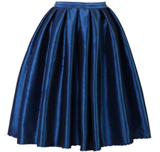 Dark Blue Glossy A Line Ruffle Skirt Women Taffeta High Waist Pleated Midi Skirt