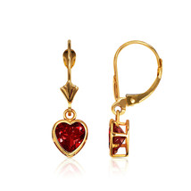 14K Solid Y Gold Bezel Set Garnet 6mm Heart Leverback Dangle Earrings - $93.04