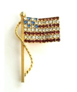 VTG Rhinestone US American Flag Brooch Pin Gold Tone Patriotic Pin Blue ... - $14.99