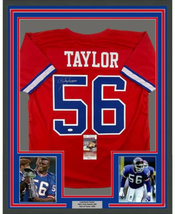 Framed Autographed/Signed Lawrence Taylor 33x42 New York Blue Football  Jersey JSA COA