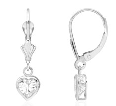 14K Solid White Gold Bezel Set White Sapphire Heart Leverback Dangle Earrings - $93.04
