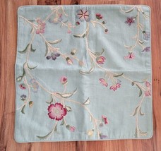 Pottery Barn EMBROIDERED PILLOW COVER Decorative LINEN FLORAL GREEN  #P397 - $41.65