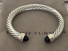 David Yurman 925 Silver & 14k Gold 7mm Cable Classic Black Onyx Cuff Bracelet  - $395.01