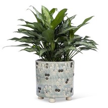 Large Simple Flower Footed Planter 10.5" High Stoneware High Gloss Blue Grey image 2