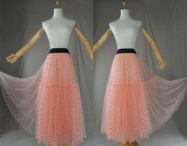 Peach Polka Dot Long Tulle Skirt Peach Tiered Tulle Skirt Holiday Outfit Plus image 2