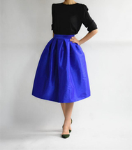 Elegant COBALT BLUE A-line Pleated Taffeta Skirt Ruffle Plus Size Pleated Skirts