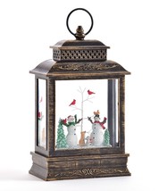 Christmas Snowman LED Water Lantern Lights Up 10" High With Cardinals & Glitter
