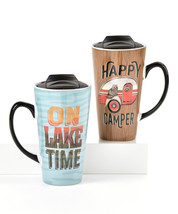 Camping Travel Mugs with Lid Set of 2 Hot Cold Camper Lake Theme 16 oz Ceramic