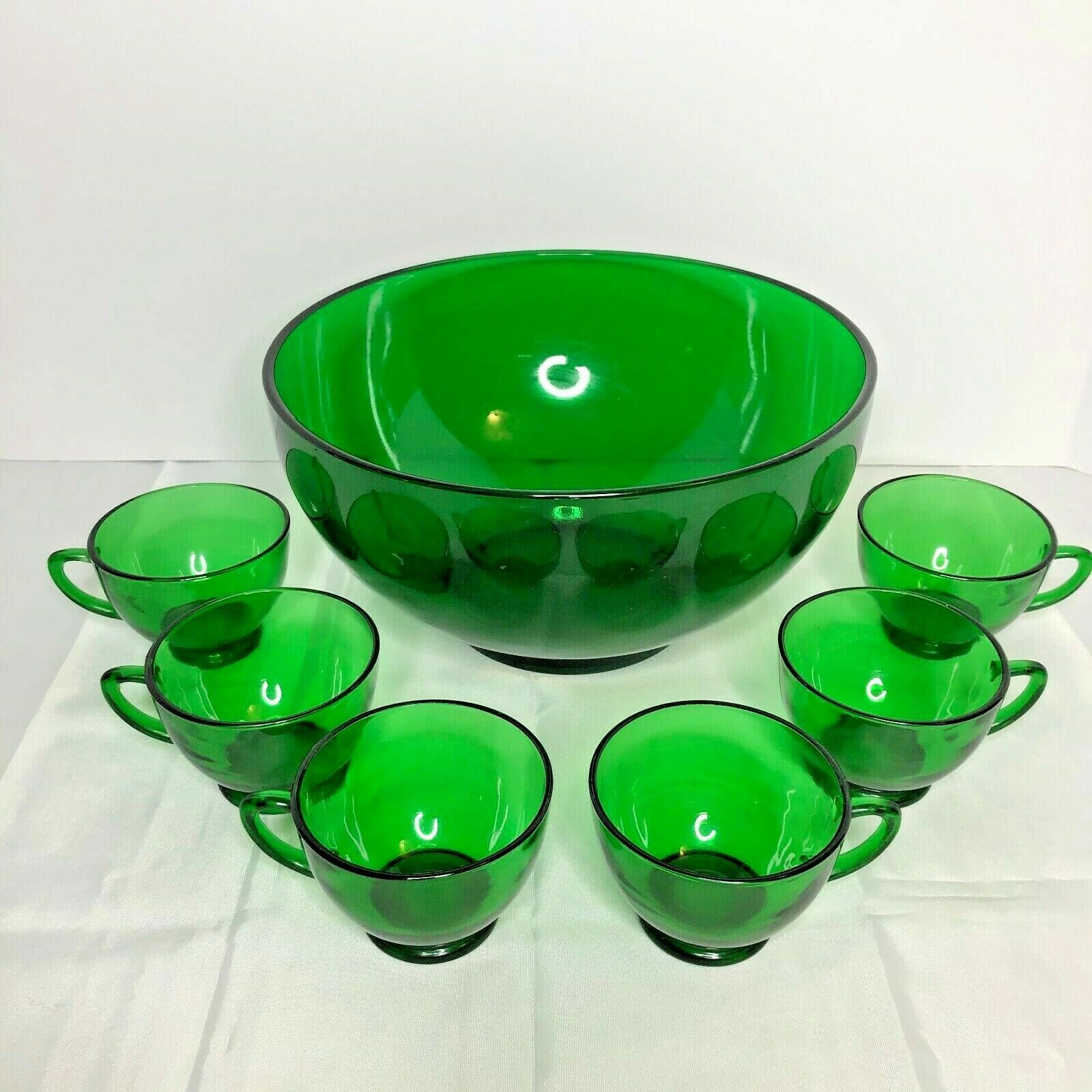 Primary image for Vintage Anchor Hocking Anchorglass Forest Green Punch Bowl and 6 Cup Set EUC